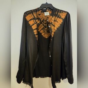 Black and Tan Tie-Dye Blouse with V-Neck